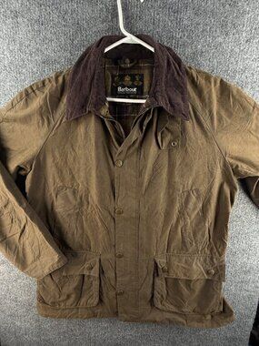 Barbour ASHBY Waxed Jacket Coat Men Full Zip Green XL Pockets Corduroy Collar